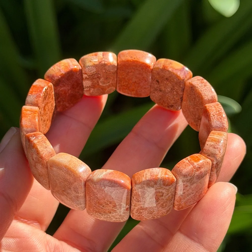 Stretchable red fossilized coral‎ soft bangle 0699